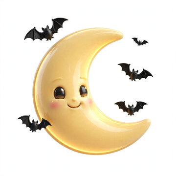 3D crescent moon icon with Halloween face glowing yellow with small bats around