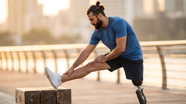 A determined man with disabilities, an amputee, stretching outdoors on a boardwalk, embodying resilience and the pursuit of fitness despite physical challenges