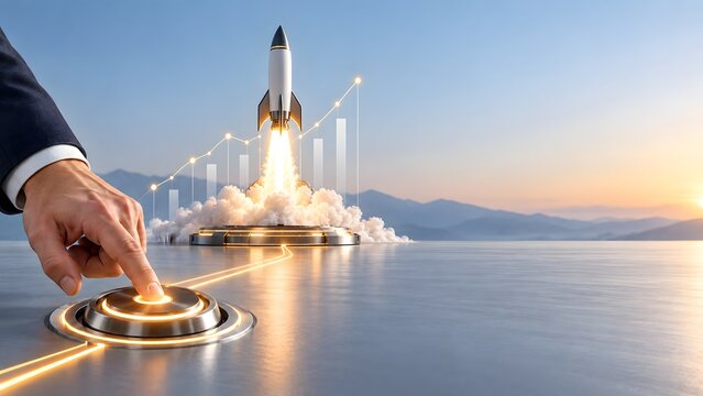 Businessman hand pressing a glowing launch button to trigger a rocket takeoff symbolizing successful business startup growth, financial profit, and rising stock market trends during sunset