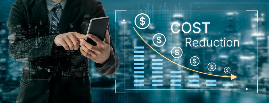 Businessman using smartphone to analyze cost reduction trends with financial growth chart and dollar symbols in a modern cityscape background. Bitwise.