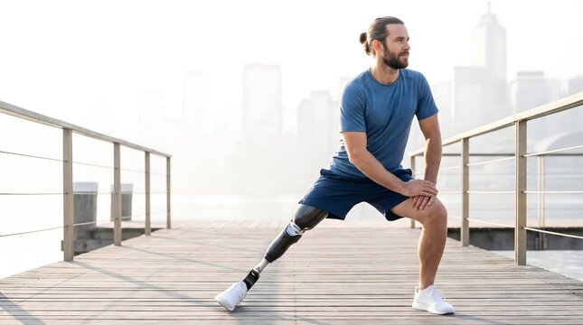 Man with prosthetics exercising outdoors, promoting inclusivity and demonstrating resilience despite physical disabilities