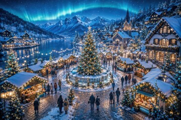 Fototapeta premium Enchanting snowy Christmas market beneath northern lights