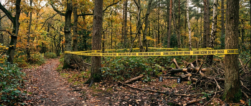 Yellow caution tape strung across trees in a forest during autumn signaling a restricted area or crime scene
