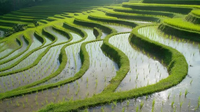 山あいに連なる棚田の水面 シームレスループ動画背景 16:9 4K