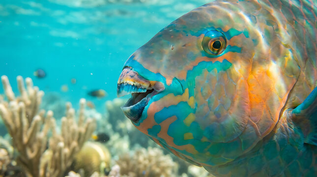 Parrotfish Face with Vibrant Colorful Scales Underwater on Coral Reef