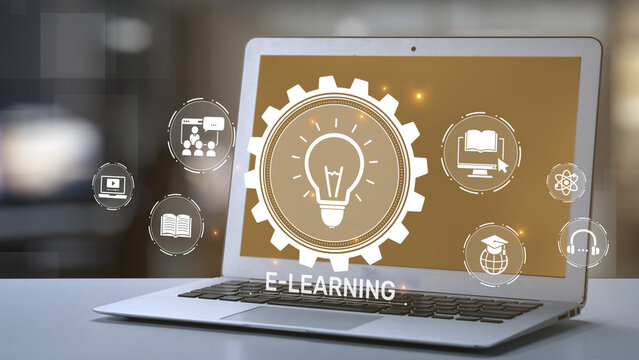 A modern laptop displays an e-learning concept featuring a gear icon and light bulb, symbolizing innovation in digital education and technology-driven learning experiences. Salient