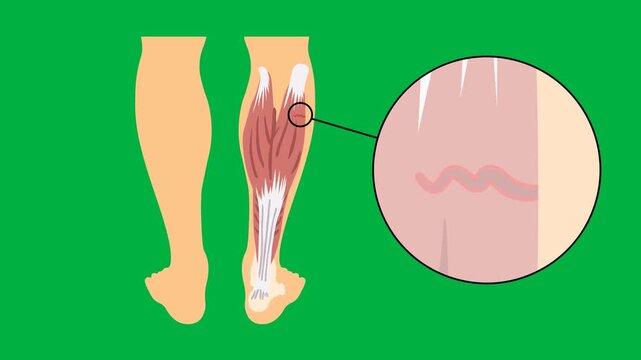 Medical vector animation displaying human lower leg muscular anatomy with a magnified view of a muscle fiber rupture, highlighting gastrocnemius strain, soleus tear, Achilles tendinopathy, deep vein