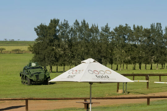view across an open grass field at tala private game reserve featuring a branded tala sun umbrella in the foreground and a camouflaged armored vehicle parked near trees