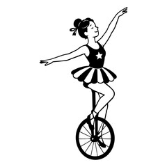 Female Circus Performer Riding Unicycle Black and White Illustration © olya