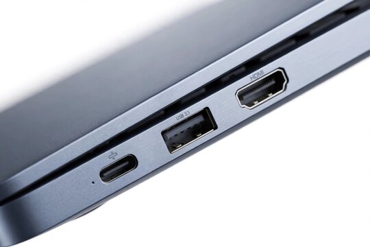 Close up of USB Type C, USB 3.1 and HDMI ports on modern laptop side, isolated on white background