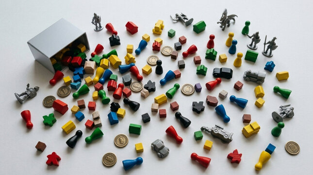 Scattered Board Game Pieces Miniatures and Tokens on White Background Top View