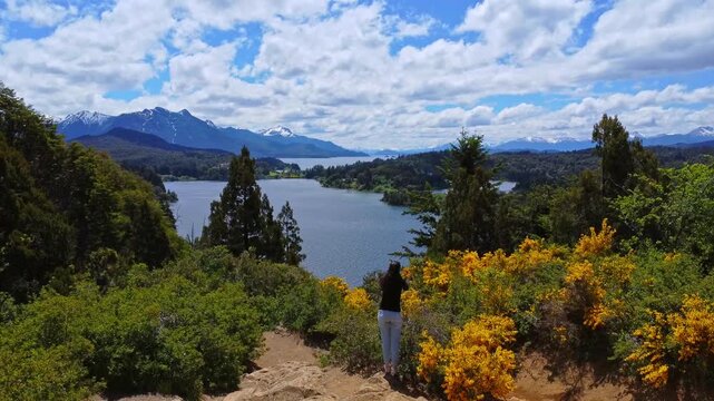 Aerial view of Nahuel Huapi Lake and Andes mountains from a panoramic viewpoint, Bariloche, Patagonia Argentina