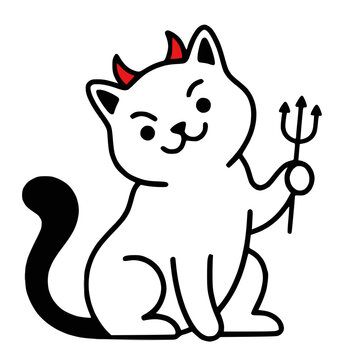 Cute Halloween white cat with devil horns and pitchfork sitting vector sticker illustration