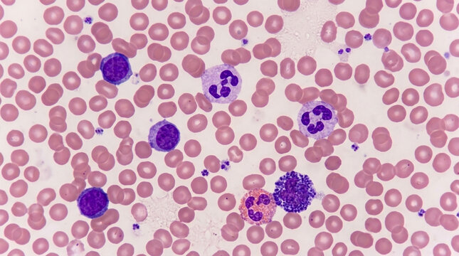 Microscopic view of human blood cells red blood cells and white blood cells leukocytes lymphocytes neutrophils eosinophils