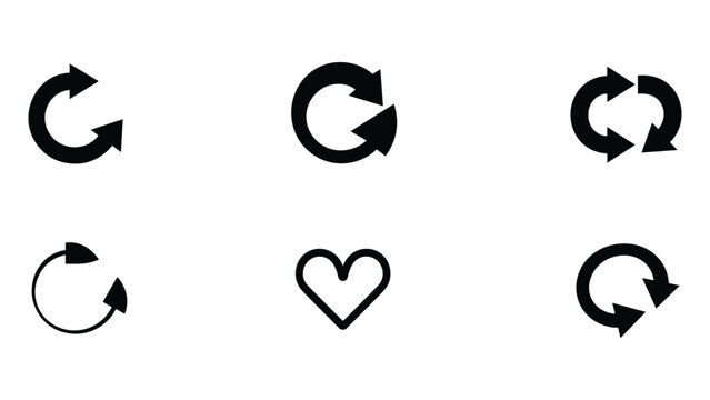 A set of black vector icons including various circular reload arrow symbols and a heart shape on a clean white background