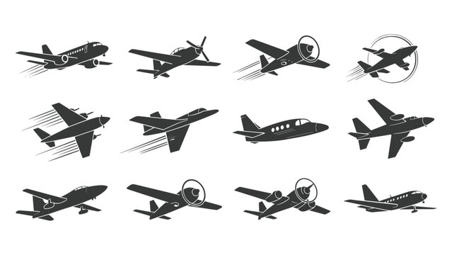 Set of diverse airplane silhouettes showing various flying aircraft models including jet planes propeller planes and small private jets isolated on white