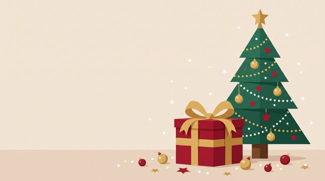 Minimalist Christmas tree with a red gift box and gold ribbon on a beige background vector illustration.
