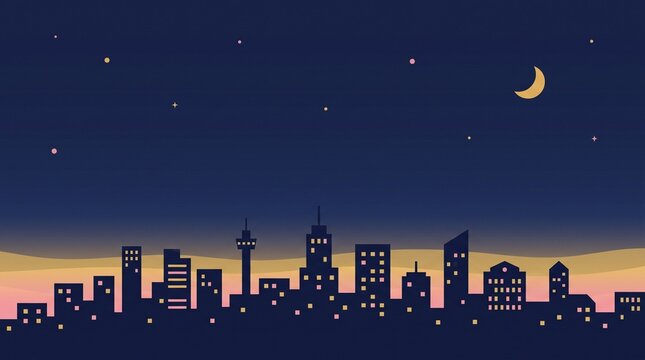 Pixel art city skyline at night with crescent moon and stars over glowing horizon.