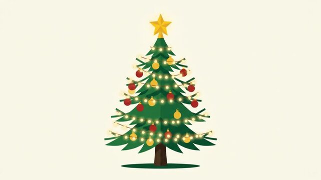 Animated Christmas Tree Getting Decorated Step by Step with Lights and Ornaments.