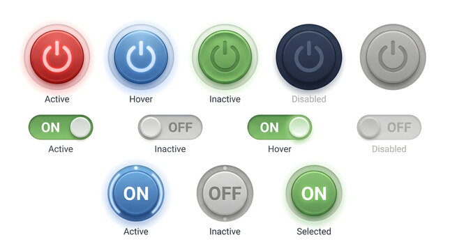 Modern power button and ON OFF interface icon collection featuring colorful circular controls, toggle switches, active states, and clean dimensional UI elements