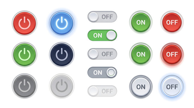 Modern power button and ON OFF interface icon collection featuring colorful circular controls, toggle switches, active states, and clean dimensional UI elements