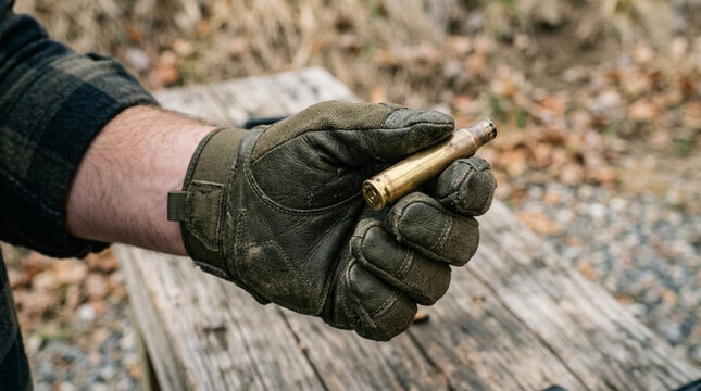 Hand in Glove Holding Spent Ammunition Casing Outdoors Close up