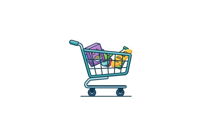 Shopping cart filled with groceries and packaged goods for everyday shopping.