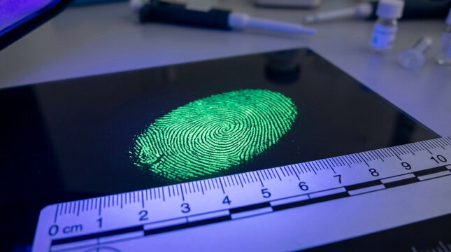 Glowing Fingerprint Under UV Light with Forensic Ruler Crime Scene Investigation Concept
