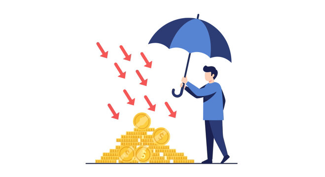 Businessman Protecting Wealth and Savings with Umbrella from Financial Crisis and Market Risk Vector Illustration