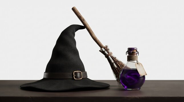 Witch hat broom and purple potion bottle on a wooden table