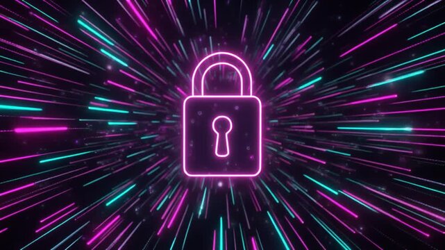 Neon padlock icon pulsing in digital data stream with radial burst effect on black background