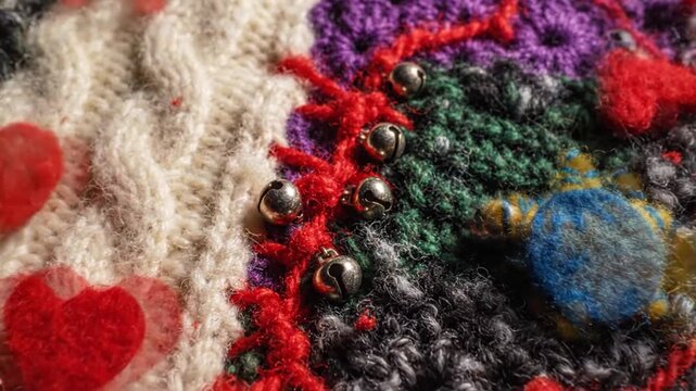 Close up of knitted texture with colorful heart embellishments and tiny bells