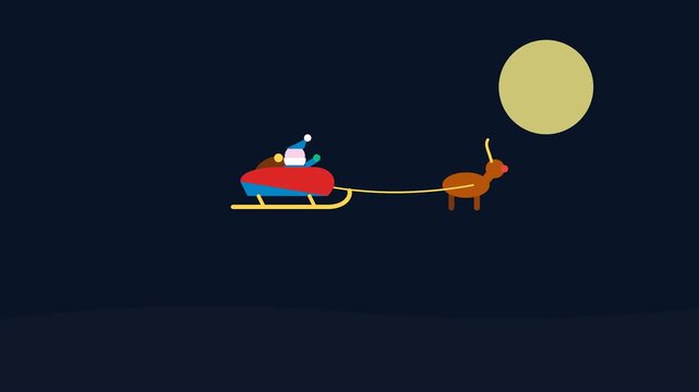 Nighttime Illustration of Santa Claus Traveling by Sleigh with Reindeer Under Full Moon.