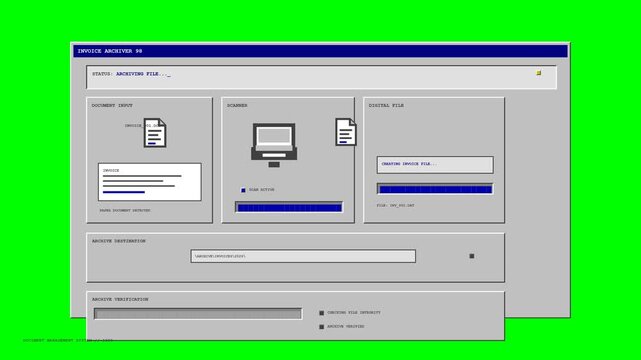 Vintage computer dialog boxes and installer interface on neon green background.