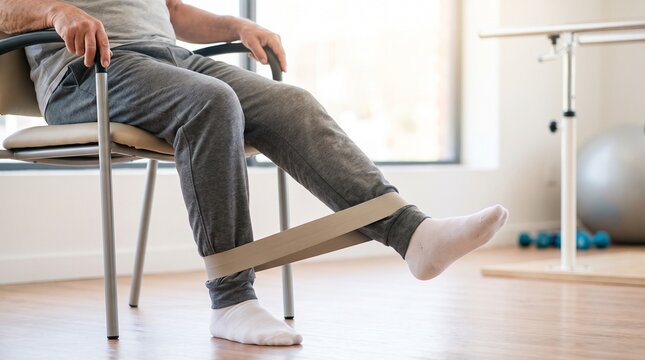 Senior patient performing leg strengthening physical therapy with band