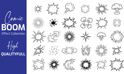 Comic explosion vector icon set with black outline starbursts, smoke clouds, mushroom clouds, crater blasts, debris bursts and cartoon boom effects on white © Silhouette Master