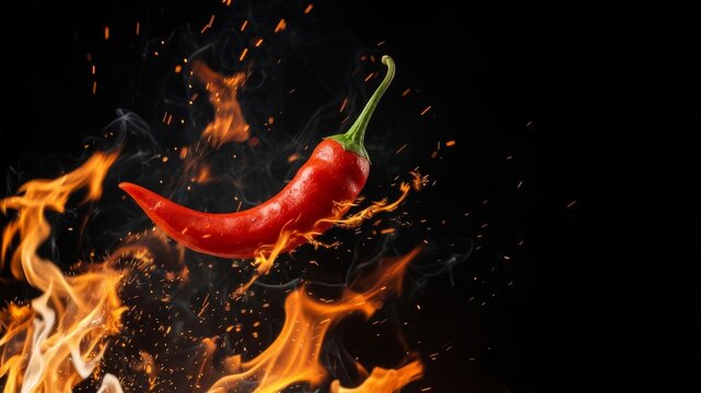 Red hot chili pepper levitating in intense fire flames with flying sparks on black background