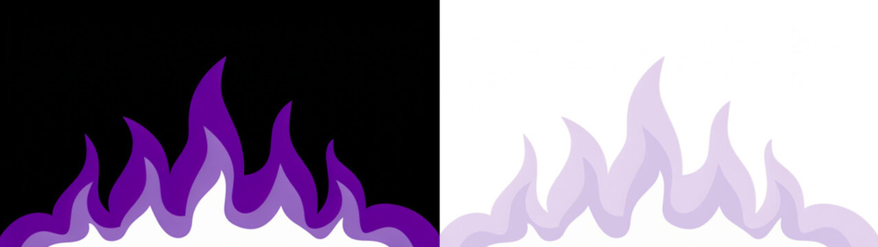 Abstract purple flame border design, stylized fire silhouette pattern, decorative vector graphic elements set on black and transparent backgrounds