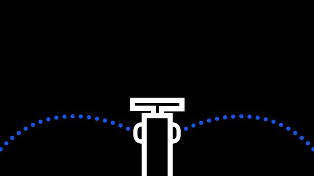 Minimalist animation of a water sprinkler spraying blue drops in a garden or farm field. Agricultural irrigation isolated on black.
