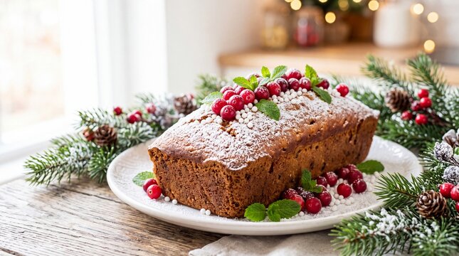 Traditional christmas fruitcake decorated with cranberries and mint