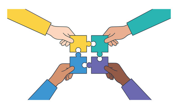 Diverse hands holding colorful jigsaw puzzle pieces together symbolizing teamwork collaboration unity success partnership and problem solving in a business environment