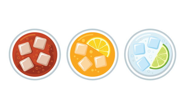 Flat vector illustration of three refreshing beverages in glasses with ice cubes lemon and lime slices top view isolated on white