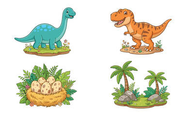 Fototapeta premium Set of cute cartoon dinosaurs including a brachiosaurus a tyrannosaurus rex a nest with speckled eggs and a prehistoric tropical landscape