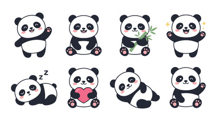 Set of cute cartoon baby panda characters in various poses including waving sleeping holding a heart and eating bamboo isolated illustration © Krishna K