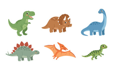 Set of cute cartoon dinosaurs including tyrannosaurus rex triceratops diplodocus stegosaurus pterodactyl and raptor isolated on a clean white background collection © Krishna K