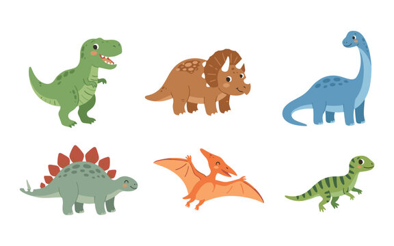 Set of cute cartoon dinosaurs including tyrannosaurus rex triceratops diplodocus stegosaurus pterodactyl and raptor isolated on a clean white background collection