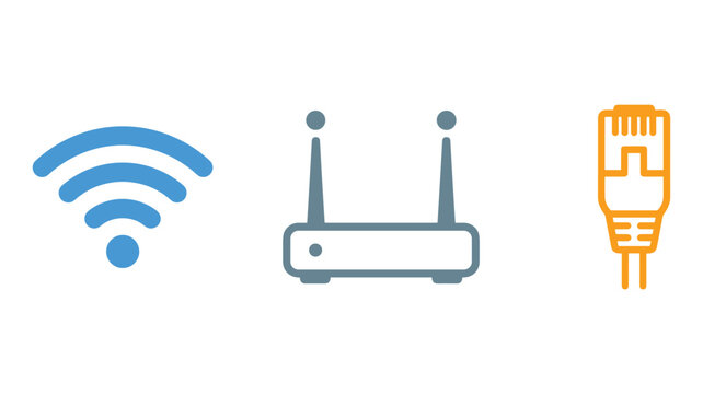 Set of flat vector icons representing wifi connection signal wireless router device and ethernet cable internet network technology communication symbols isolated