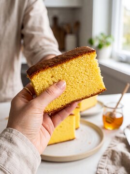 Hand Holding Freshly Sliced Golden Castella Honey Sponge Cake in Daylight