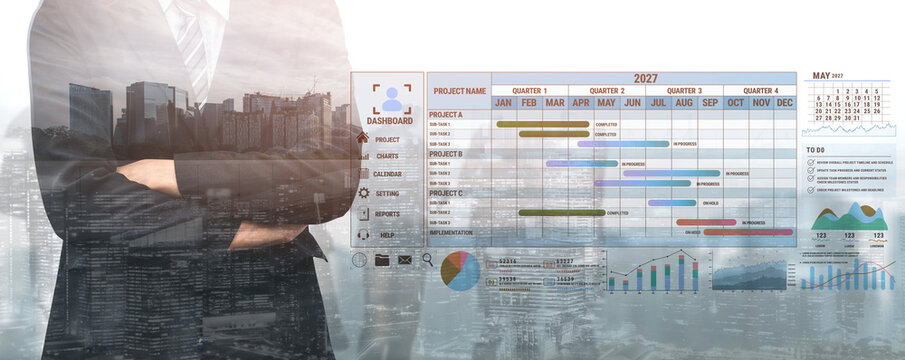 A business professional stands confidently in front of a project schedule dashboard, illustrating important metrics and deadlines against an urban backdrop of modern buildings. Fluxor.