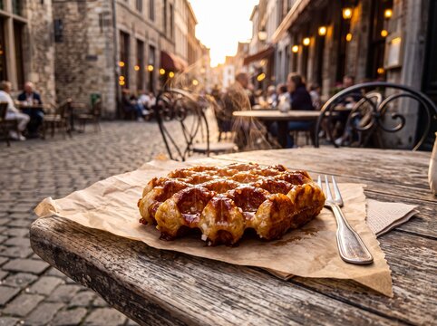 Fresh Belgian Sugar Waffle on Rustic Bistro Table at Sunset